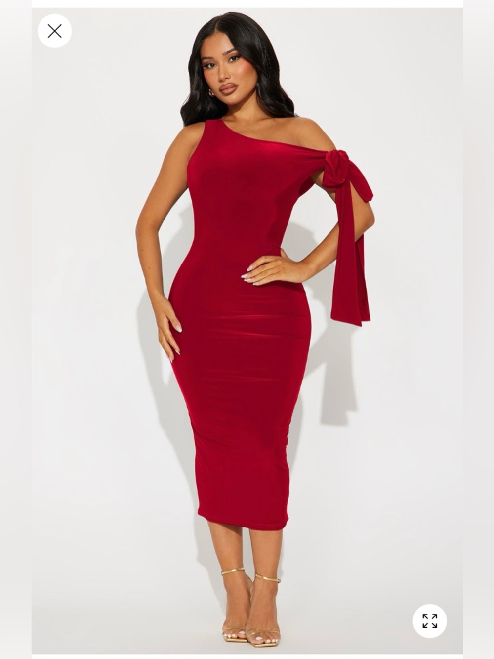 Fashion Nova One-Shoulder Red Midi Dress with Tie Sleeve